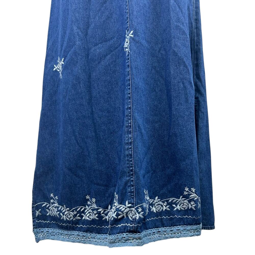 Vintage Embroidered Denim Dress Floral Sleeveless Button Side Blue Womens Small - Picture 8 of 11